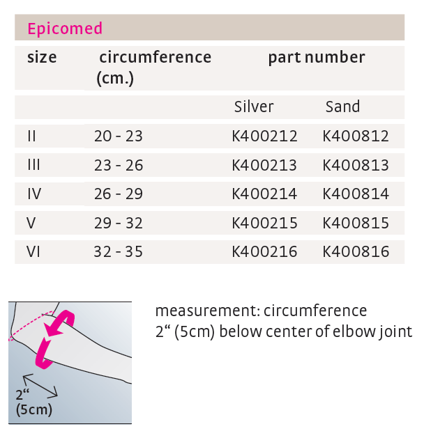 medi Epicomed Elbow Support, Size Chart
