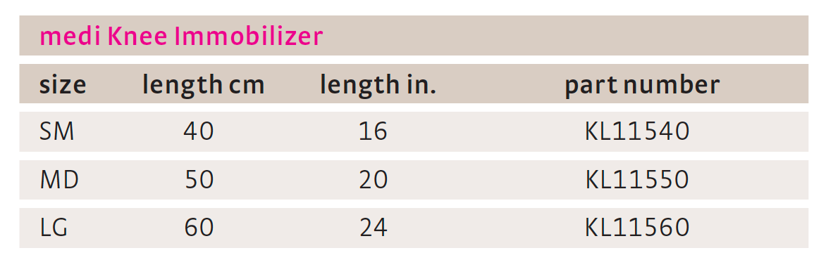medi Knee Immobilizer Size Chart