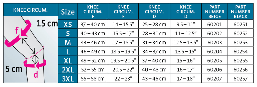 medi protect Seamless Knit Knee Support w/ Silicone Top Band, Size Chart