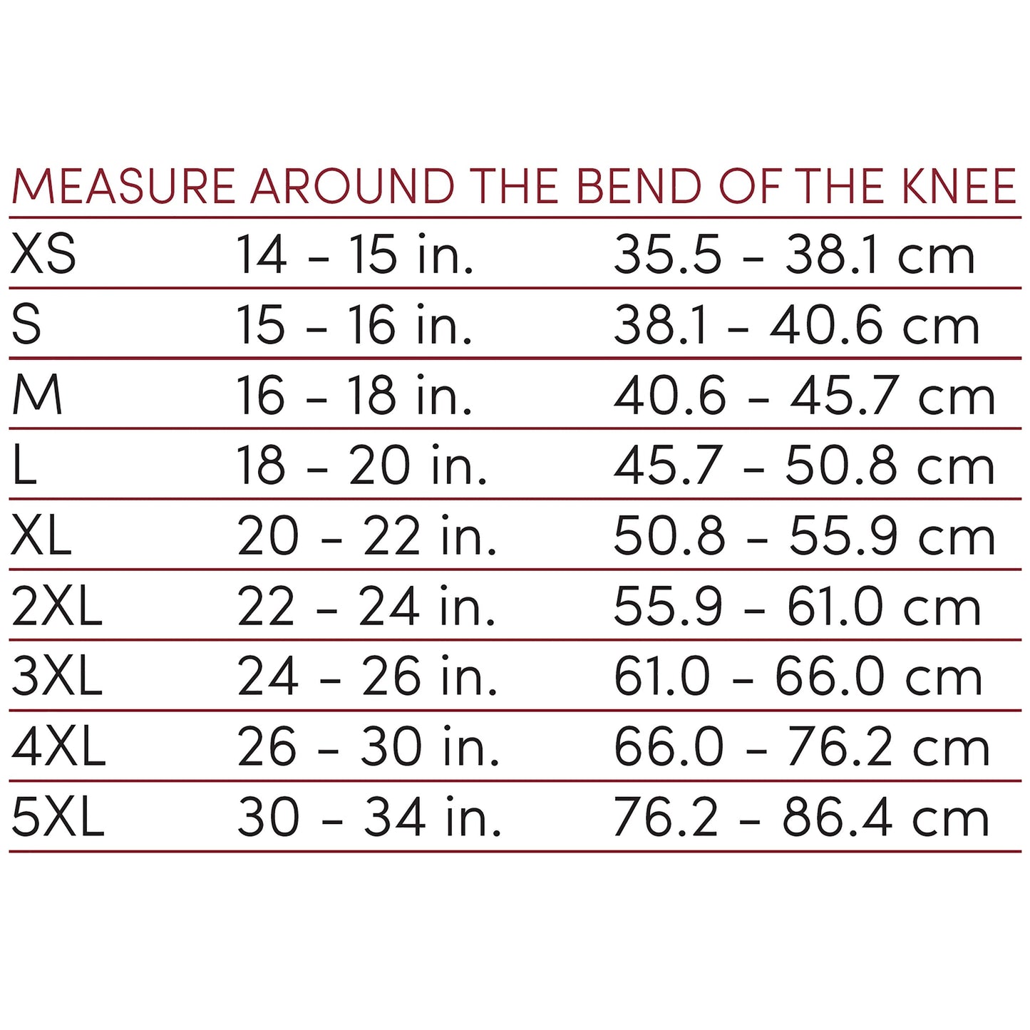 OTC Orthotex Knee Stabilizer Wrap - Hinged Bars, Size Chart