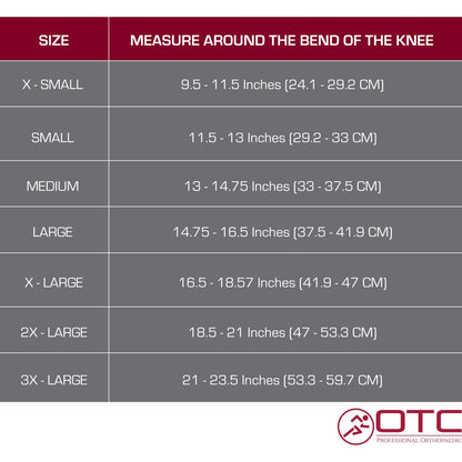 OTC Knee Support - Condyle Pads, Front Opening, Size Chart