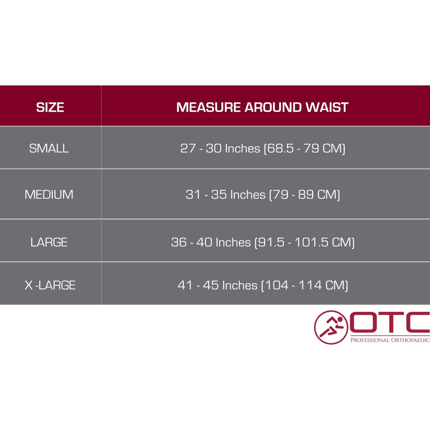 OTC Angora Lower Back Warmer, Size Chart